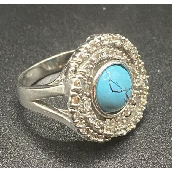 Unbranded Jewelry - Turquoise Cabochon Ring w/ Orbiting Numerous CZ Split Shank Size 6 Futuristic